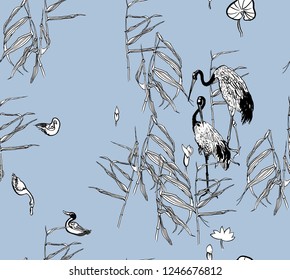 Seamless Pattern Vector Japanese Crane in Pond Vintage Oriental Tropical Birds Stork in Leaves on Blue Background