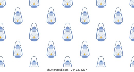 Seamless pattern with vector kerosene lamp on white background. Vintage lantern cartoon graphic