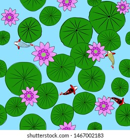 Seamless pattern vector Koi fish and lotus on the water.