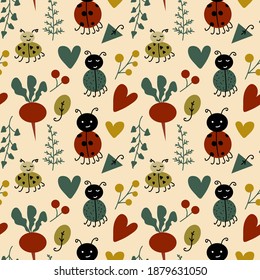 Seamless pattern vector with Ladybirds, beetles, radish and branches, leaves, berries, hearts. Ideal for design children clothes and for other accessories, wrapping paper texture. Flat.