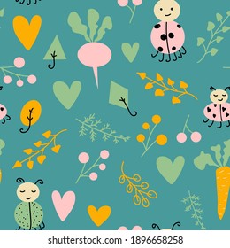 Seamless pattern vector with Ladybirds, beetles, radish and carrot, branches, leaves, berries, hearts. Ideal for design children clothes and for other accessories, wrapping paper texture. Flat.