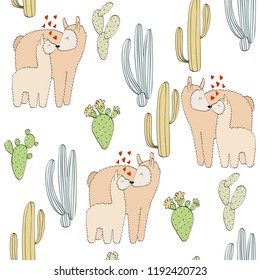 Seamless pattern. Vector lama mom and baby