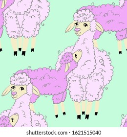 Seamless pattern. Vector lama mom and baby. Cute happy childhood background.