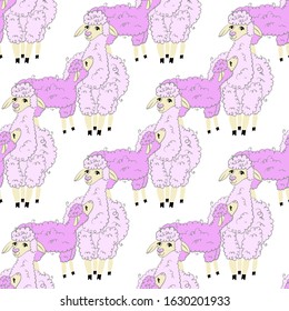 Seamless pattern. Vector lama mom and baby. Cute happy childhood background.