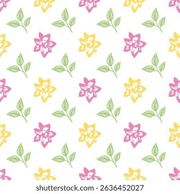 Seamless pattern with vector leaves and flower. Floral illustration. Can be used for making wallpaper, fabrics and other types of products