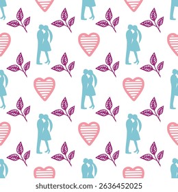 Seamless pattern with vector leaves, hearts and couple of lovers. Romantic illustration. Can be used for making wallpaper, fabrics and other types of products