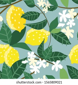 Seamless pattern of vector lemons, branches and lemon flowers
