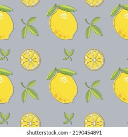 Seamless pattern of vector lemons on violet  background. Yellow lemons