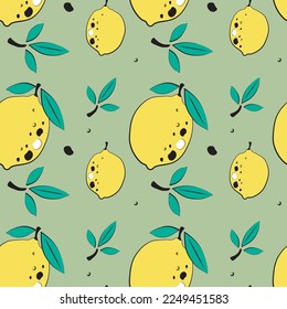 Seamless pattern of vector lemons on green  background. Yellow lemons. Summer fruit pattern.