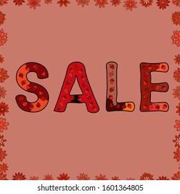 Seamless pattern. Vector lettering. Illustration in red, pink and brown colors. Sale banner.