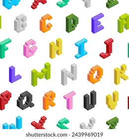 Seamless pattern of vector letters. English alphabet made from construction blocks