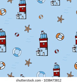 Seamless pattern. Vector Lighthouse. Coastal houses. For children. Notebooks, cards, labels, diaries, accessories-school, stickers, t-shirts, banners, tags 