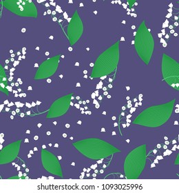 Seamless Pattern with Vector Lilies. Cute Flower Background with Lily of the Valley. White Bells with Green Leaves. Seamless Pattern with May Lilies for Tile, Wedding, Fabric, Textile, Cloth Printing.