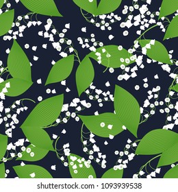 Seamless Pattern with Vector Lilies. Cute Flower Background with Lily of the Valley. White Bells with Green Leaves. Seamless Pattern with May Lilies for Tile, Wedding, Fabric, Textile, Cloth Printing.