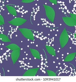 Seamless Pattern with Vector Lilies. Cute Flower Background with Lily of the Valley. White Bells with Green Leaves. Seamless Pattern with May Lilies for Tile, Wedding, Fabric, Textile, Cloth Printing.