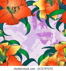 Seamless pattern. Vector Lily flowers, buds and leaves. Floral digital art. Yellow summer garden flowers. Use printed materials, signs, items, websites, maps.