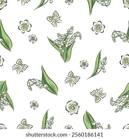 Seamless Pattern of Vector  Lily of the valley. Art work for textile, wallpaper, fabric and so on. You can change the background color from the EPS file.