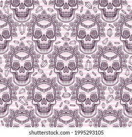 Seamless pattern with vector line drawn skulls and ornaments with precious stones. Coloring page for adults. Halloween and Day of the Dead print