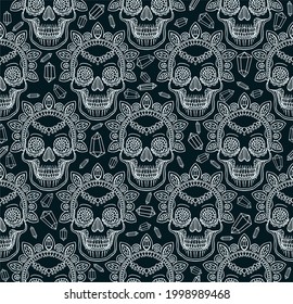 Seamless pattern with vector line drawn skulls and ornaments with precious stones. Coloring page for adults. Halloween and Day of the Dead print