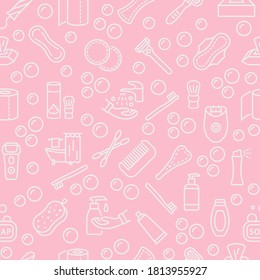 Seamless pattern with vector line flat icon. Personal hygiene products. Pink background color and white symbols. Womens and mens individual hygiene items.