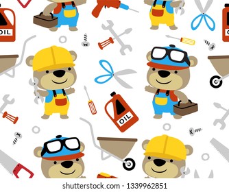 Seamless pattern vector of little bear cartoon in mechanic costume, builder and mechanic element