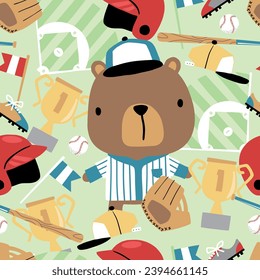 Seamless pattern vector of little bear in baseball uniform with baseball elements illustration