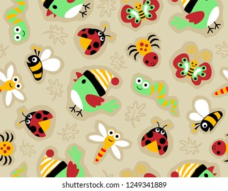 Seamless pattern vector of little bird cartoon with cute bugs