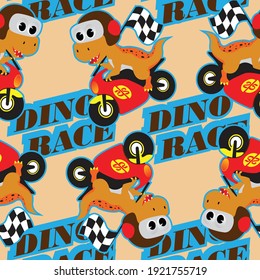 Seamless pattern vector of little dinosaur riding a classic  motorcycle. Creative vector childish background for fabric, textile, nursery wallpaper, card, poster and other decoration.
