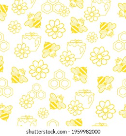 seamless pattern vector little honey bees with honey and flowers, yellow on a white background, honey jar, honeycomb, doodle illustration, cartoon characters, for printing on textiles and packaging