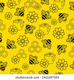 seamless pattern vector little honey bees with honey and flowers, black on a yellow background, honey jar, honeycomb, doodle illustration, cartoon characters, for printing on textiles and packaging