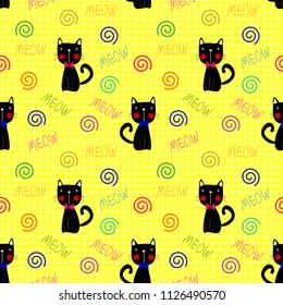 Seamless pattern vector of lovely black cat on bright yellow background.