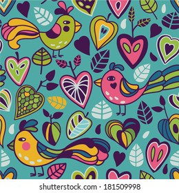 Seamless pattern in vector made of birds and leaves. Seamless pattern can be used for pattern fills, wallpapers, web page backgrounds.