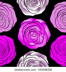 Seamless pattern with vector magenta, pink and white rose flowers on a black background.