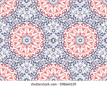 Seamless pattern. Vector Mandala. Round ornament in ethnic style. Hand draw, embroidery. Template for textile, fabric, wallpaper