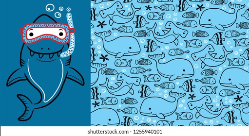 Seamless pattern vector of marine animals cartoon with funny shark wearing diving goggles