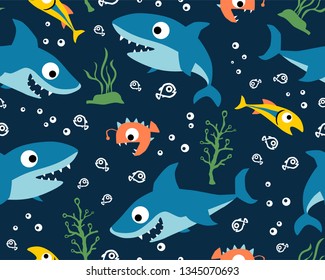 Seamless pattern vector of with marine animals cartoon, undersea element illustration