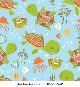 Seamless pattern vector of marine animals cartoon, undersea elements illustration