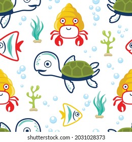 Seamless pattern vector of marine animals cartoon. Turtle with fish and hermit crab