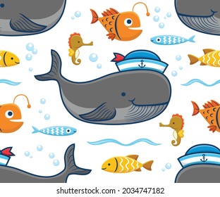 Seamless pattern vector of marine animals cartoon, big whale wearing sailor cap