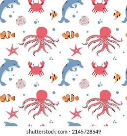 Seamless pattern vector of marine animals cartoon. Pattern for kids with whales. Sea. Ocean. Set of sea creatures seamless pattern. Childish background. Holiday design. EPS