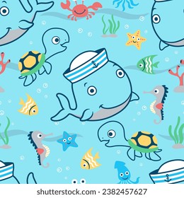 Seamless pattern vector of marine animals cartoon