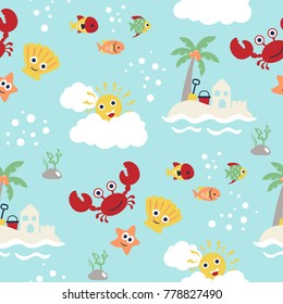 seamless pattern vector of marine animals cartoon, summer beach holiday elements