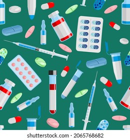 Seamless pattern with vector Medical Icons in flat style. Pills, Ampoules, syringes and capsules in different colors, shapes and sizes, isolated elements. Seamless background, pattern