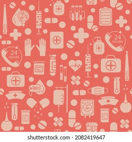 Patrón sin foco con Iconos médicos vectoriales en estilo plano. Iconos blancos médicos sobre fondo rojo para su diseño
