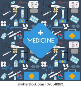 Seamless pattern with vector Medical Icons in flat style. Medical  icons on blue background for your design.Seamless health care and medicine sketch pattern. Vector illustration. Medicine background.