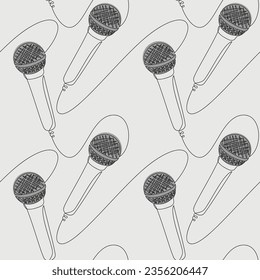 Seamless pattern vector. Microphone line continuous drawing. Background illustration. Graphic design, print, banner, card, brochure, poster, wallpaper. Music, radio, audio broadcast, media, concert.