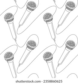 Seamless pattern vector. Microphone line continuous drawing. Background illustration. Graphic design, print, banner, card, brochure, poster, wallpaper. Music, radio, audio broadcast, media, concert.