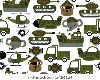 seamless pattern vector of military vehicles cartoon with funny animals in army cap