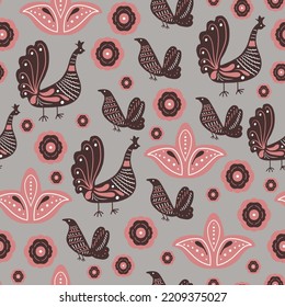 Seamless Pattern Vector Modern Folk Art Birds
