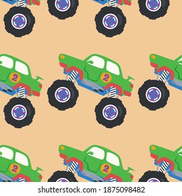 seamless pattern vector of monster truck cartoon, Creative vector childish background for fabric, textile, nursery wallpaper, card, poster and other decoration.